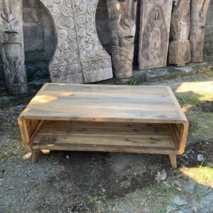 Handmade large coffee table crafted from upcycled teak wood with rustic finish.