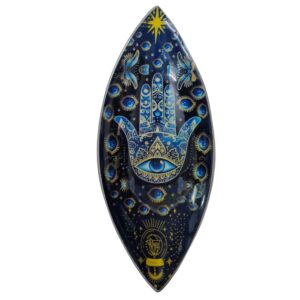 Blue Hamsa enamel incense bowl with intricate design and evil eye details.