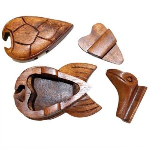 Handmade Sheesham wood Bali Magic Box in tortoise design with intricate puzzle pieces.