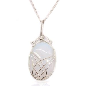 Elegant opalite gemstone necklace with a swirl design in a delicate cage.