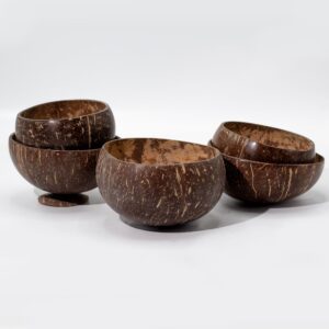 Handmade polished coconut bowl with wooden stand, perfect for natural decor.