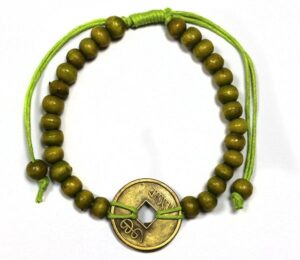 Lime green Good Luck Feng Shui bracelet with wooden beads and coins