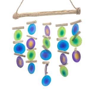 Handmade green and purple driftwood chime with Capiz glass for a calming ambiance.