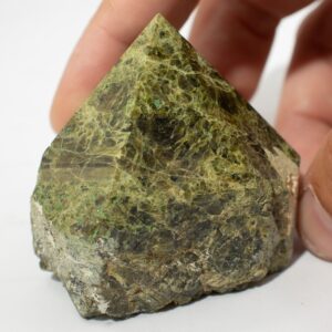 Epidote A Grade Top Polished Point showcasing natural green tones and unique patterns.