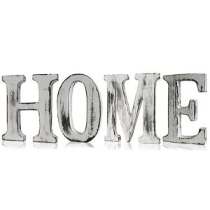 Handmade white wooden letters spelling 'HOME' with a rustic finish.