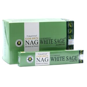 Golden Nag White Sage Incense sticks for a calming atmosphere.
