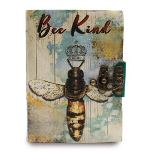 Leather notebook with deckle-edge paper and a 'Bee Kind' inscription.