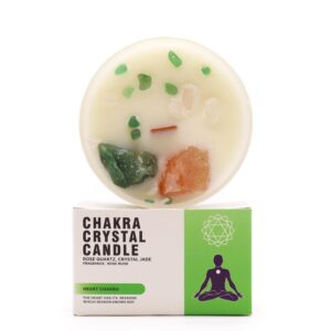Heart Chakra Crystal Candle with Rose Quartz and Crystal Jade gemstones.