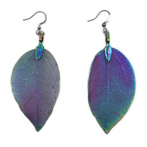 Multicoloured earrings made from real leaves, showcasing unique natural beauty.