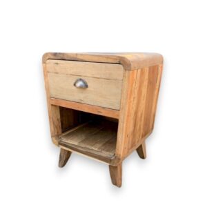 Hand-crafted round bedside table made from recycled teak wood.
