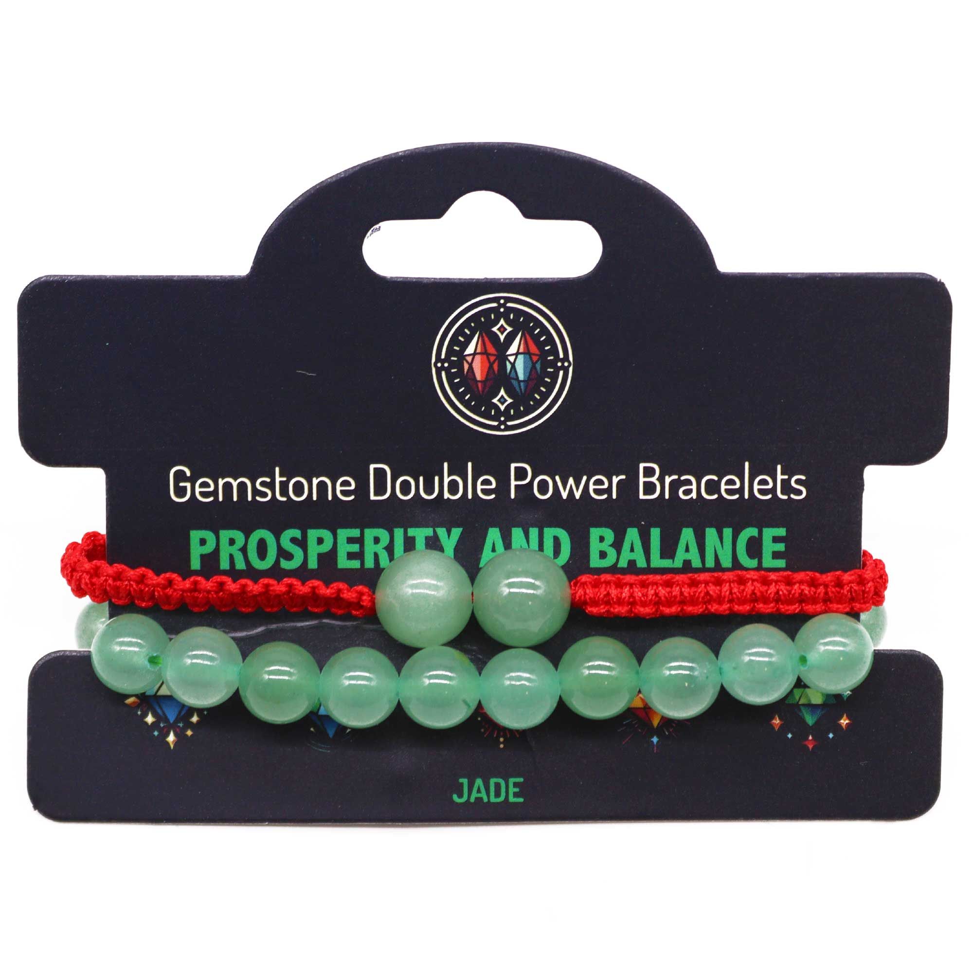 Double power bracelets featuring jade with adjustable string colours.