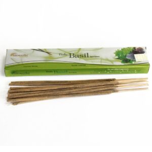 Hand rolled Vedic incense sticks with a rich basil fragrance in a decorative box.