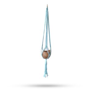 Powder blue macrame pot holder designed for medium-sized pots.