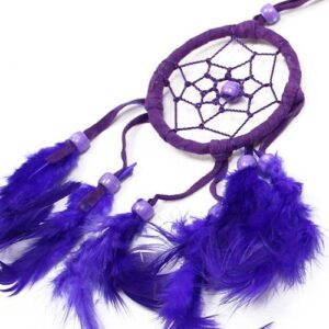 Handcrafted small round dream catcher in turquoise, pink, and purple with feathers.