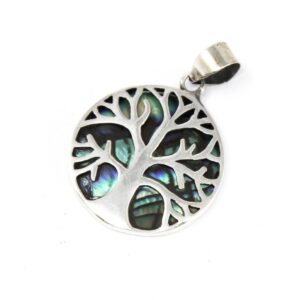 Silver Tree of Life pendant featuring abalone detailing.