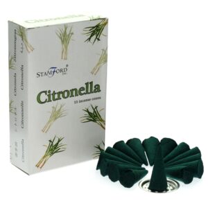 Pack of Stamford Premium Citronella Incense Cones with a metal holder.