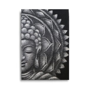 Grey half Buddha mandala design on a large canvas for home decor.