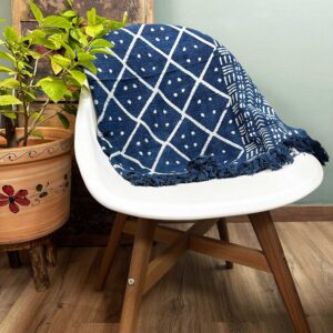 Handmade indigo throw with intricate Midnight Heerak pattern, perfect for home decor.