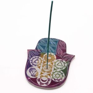 Large soapstone Hamsa incense holder featuring the seven chakras.