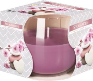 Scented glass jar candle with a calming garden spa fragrance.