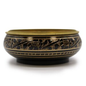 Compact brass incense jar with carved detailing and removable mesh lid.