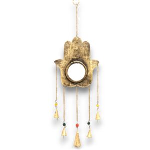 Large Hamsa mirror with five brass bells and vibrant beads for home decor.