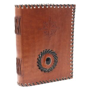 Leather black onyx notebook with unique design and metal clasps.