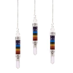 7 chakra pendulum featuring a clear crystal point and colourful chakra column.