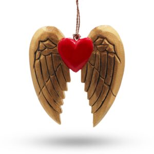 Hand painted Christmas angel wing and heart decoration with black detail.