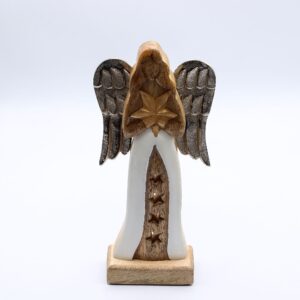 Hand-carved mango wood angel with metal wings and golden star detail.