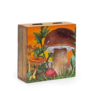 Maroon square box with a mushroom design, perfect for storage or gifting.