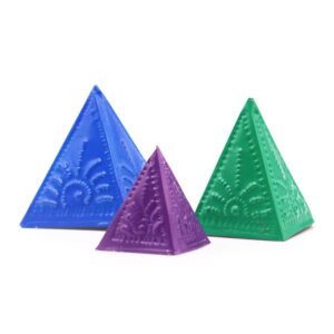 Set of three incense powder moulds in blue, green, and purple colours.