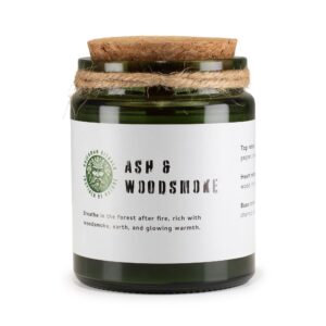 Greenman Woodwick Soy Candle in Ash & Woodsmoke scent with wooden wick.