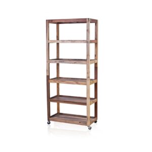 Handmade six shelf display unit on casters, crafted from upcycled teak wood.
