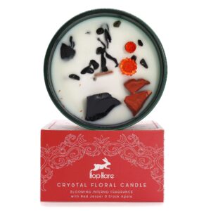 Hop Hare Crystal Magic Flower Candle featuring Red Jasper and Black Agate with dry flowers.