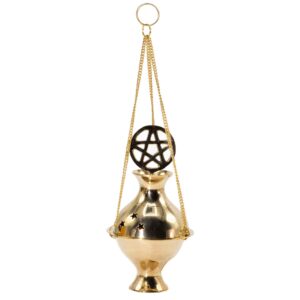 Brass hanging incense burner with pentagram design and star cut-outs.