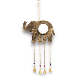 Large elephant chime with mirror and four brass bells for a calming atmosphere.