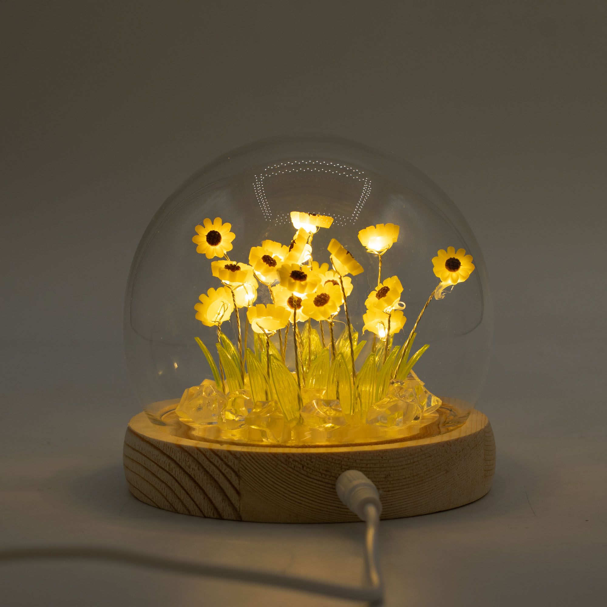 Floral Glow Garden Dome - 20 Sunflower - LED USB 3 LED garden dome featuring sunflowers under a glass dome with a wooden base.