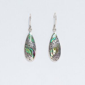 Long teardrop earrings featuring abalone shell and silver accents.