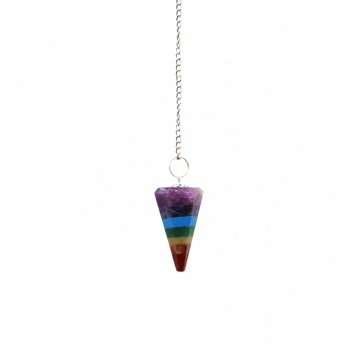 Unique 7 slice pendulum with various gemstones and silver chain.