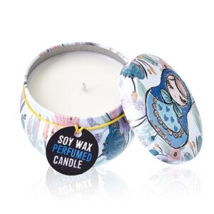 Colourful tin candle featuring Russian dolls design in Dolly Blue.