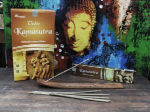 Hand rolled Vedic incense sticks with rich fragrances in a decorative box.