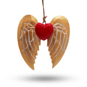 Hand painted gold angel wing and heart Christmas decoration with white detail.