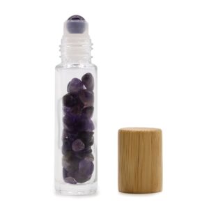 Amethyst gemstone roller bottle with wooden cap for essential oils