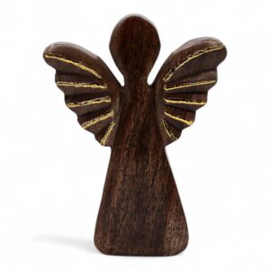 Hand-carved mango wood angel with gold wings, perfect for home decor.