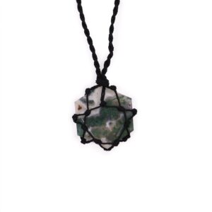 Laced hexagon pendant made of Moss Agate with earthy green patterns.