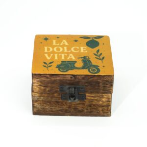 Small mango wood box with La Dolce Vita enamelled lid featuring a classic scooter design.