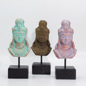 Elegant Lucky Java Princess sculpture in green copper finish on a stand.