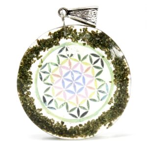 Greenstone mandala orgonite power pendant with gemstone chips and copper.