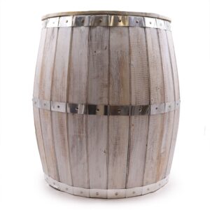 Whitewash Beer Barrel Table with metal-style bands for coastal decor